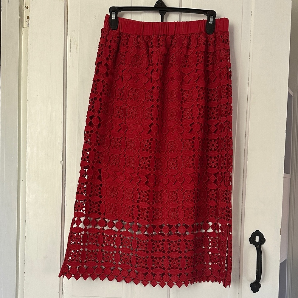 Anthropologie Red Lace Midi Skirt
